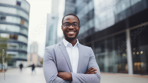 Successful happy smiling black businessman standing in the city, wearing suit, looking at camera