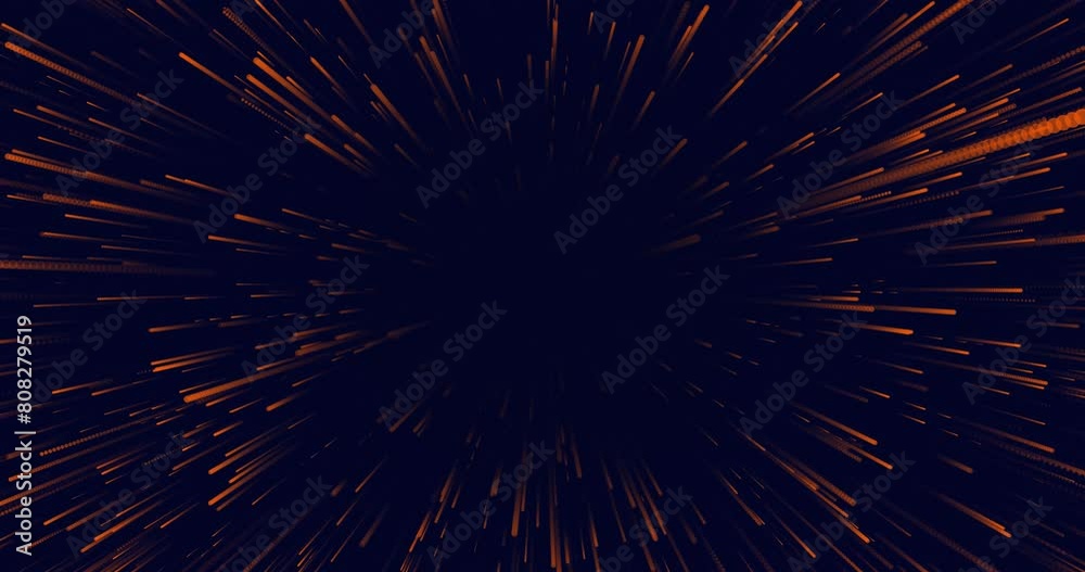 Hyperspace jump through the stars into space. Animated background of orange particles lines forming a tunnel. bright neon hyper speed jump to another universe with speeding light trails