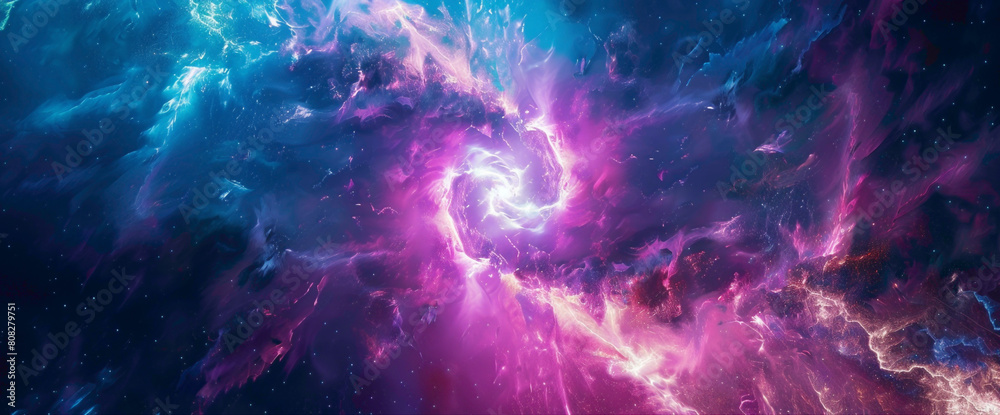 A kaleidoscope of magenta and cyan colliding with electrifying energy, illuminating the darkness with radiant vibrancy.