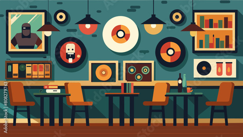 The record wall in this cozy pub is made up of vintage handpainted plaques that list the available albums creating a nostalgic atmosphere. Vector illustration