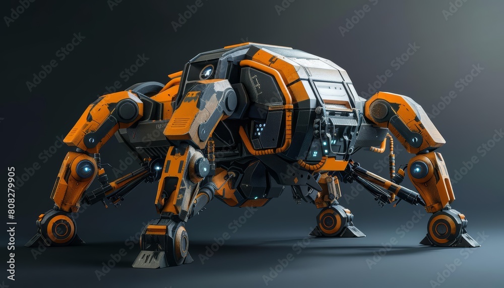 A futuristic isometric robot, designed with advanced features, showcased in a model isolated on a solid background