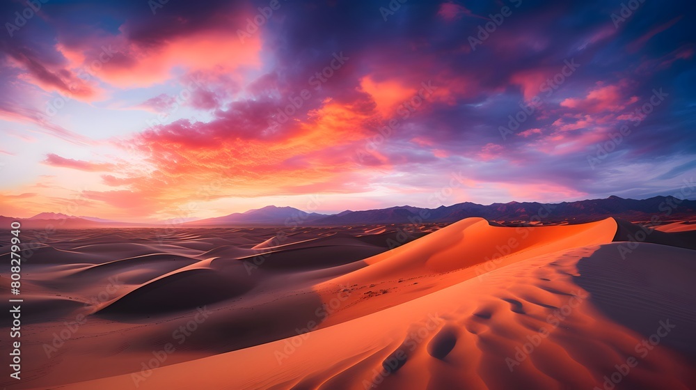 Panorama of the sand dunes at sunset in Death Valley National Park