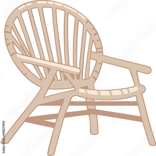 Minimalist Wooden Lounge Chair with Curved Backrest and Spindle Design, Scandinavian Style Illustration