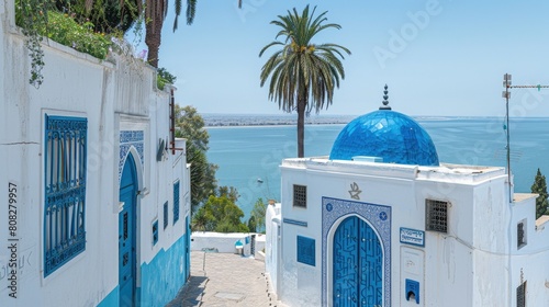 The town of Sidi Bou Said above the gulf of Tunis  photo