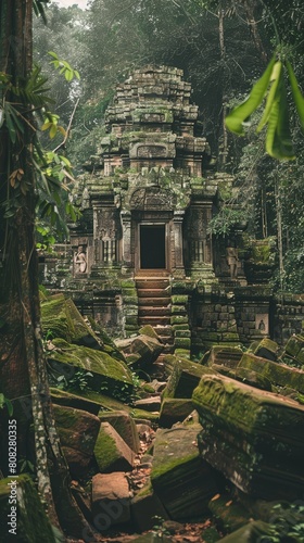 Historical temple gateway in a jungle with sunlit path. Atmospheric landscape photography. Travel and history concept.