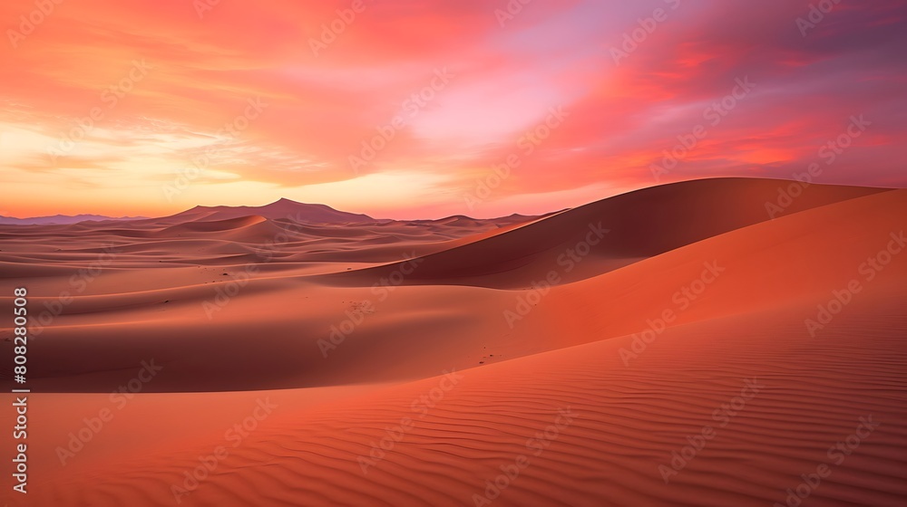 Desert panoramic landscape with sand dunes at sunrise.