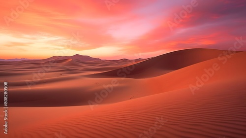 Desert panoramic landscape with sand dunes at sunrise.