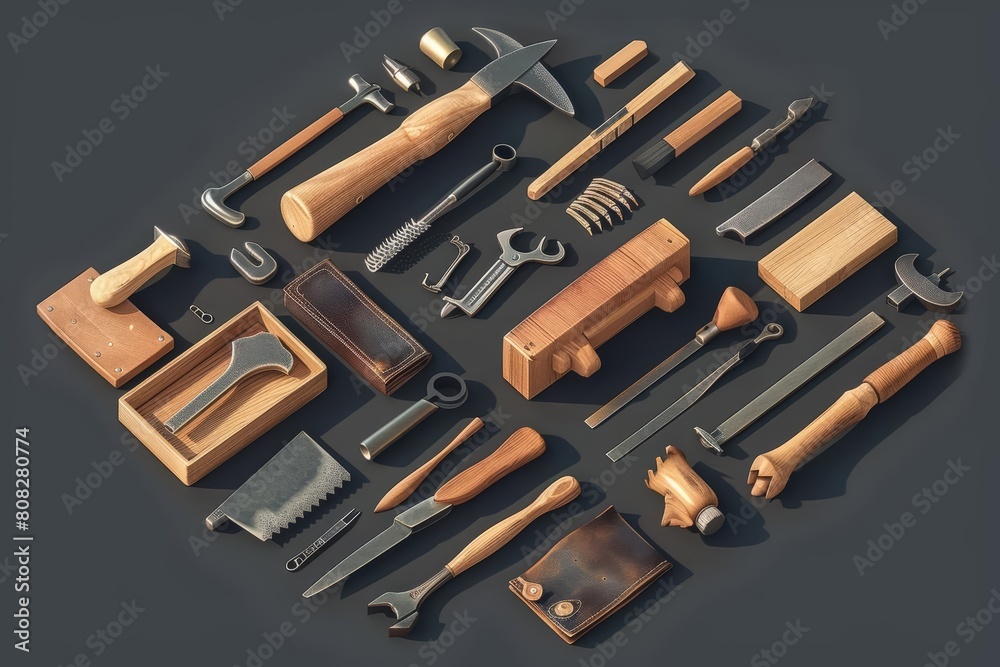 A set of isometric tools, essential for craftsmanship, rendered as a model isolated on a solid background A set of isometric tools, essential for craftsmanship, rendered as a model isolated on a solid background