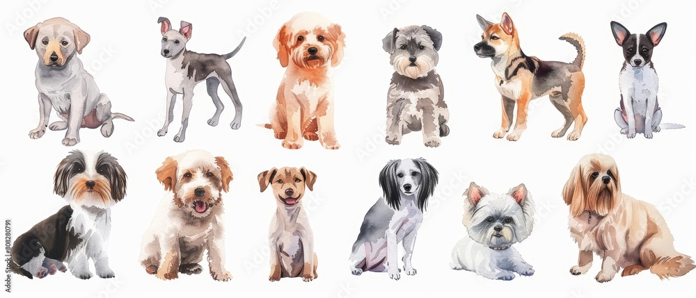 A set of tiny watercolors showing different breeds of playful dogs, isolated white background