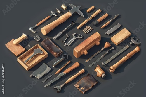 A set of isometric tools, essential for craftsmanship, rendered as a model isolated on a solid background