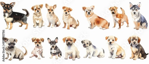 A set of tiny watercolors showing different breeds of playful dogs  isolated white background