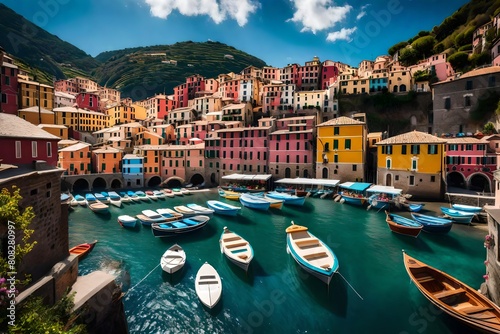 A wide-angle photograph of Vernazza village's harbor, showcasing the vibrant boats, colorful houses, and the crystal-clear waters of the Ligurian Sea photo