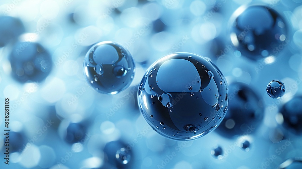 A group of water droplets is suspended on a blue liquid, surrounded by blue background A group of water droplets is suspended on a blue liquid, surrounded by blue background