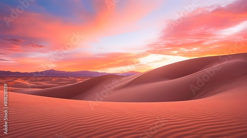 Desert sunset panoramic landscape with sand dunes and blue sky