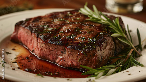 Steak on Plate With Rosemary Garnish