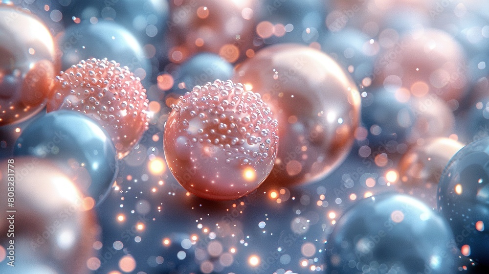 A detailed view of sparkling orbs adorned with droplets of water on their surfaces A detailed view of sparkling orbs adorned with droplets of water on their surfaces