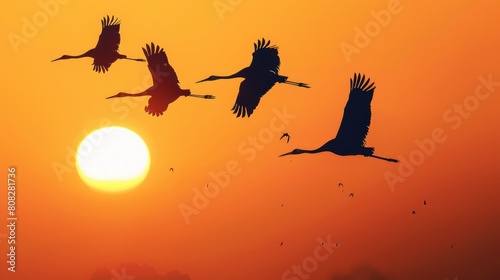 silhouette of four cranes flying in the sky with sunset light orange gradient background photo