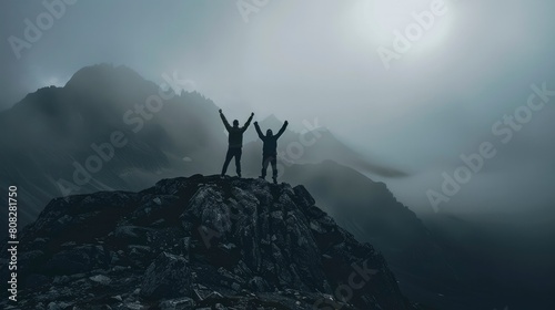 Three people standing at the top of a mountain, arms raised for victory with big mountain and foggy weather behind them photo