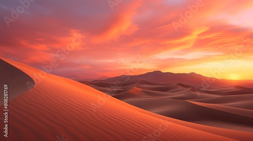 Desert landscape panorama at sunset. Sand dunes. 3d render