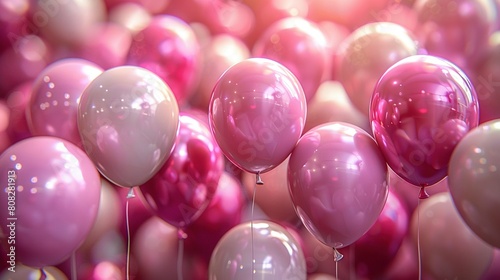   A sea of pink and white balloons soar through the sky under the radiant glow of a beaming sun above