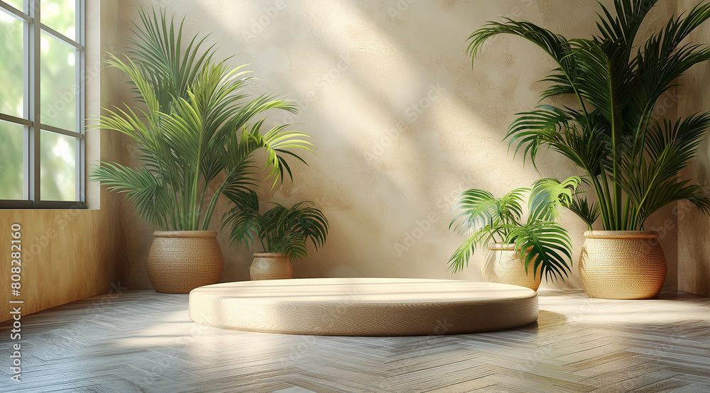Marble-style podium set in a minimalist room, complemented by a tree pot for decoration Marble-style podium set in a minimalist room, complemented by a tree pot for decoration