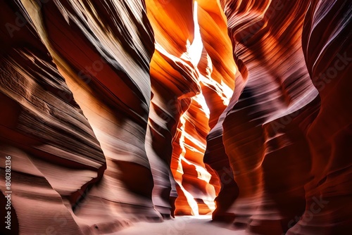 A narrow beam of sunlight penetrating the narrow corridors of Antelope Canyon, casting a warm glow on the smooth sandstone walls. Witness the breathtaking details in 8K resolution..--