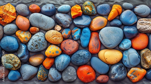  Close-up photo of various-sized and colored rocks arranged on a flat surface