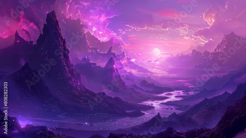 An illustration of landscape fantasy featuring a mystical valley, bathed in synthwave color, invites viewers into a realm beyond imagination