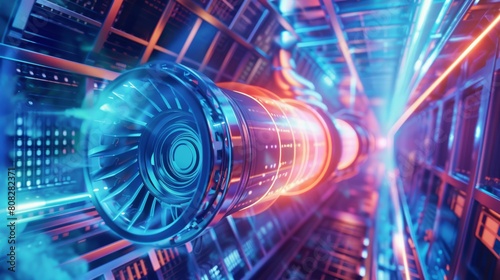 Futuristic blue glowing turbine in a high-tech data center. Advanced technology and computing power concept