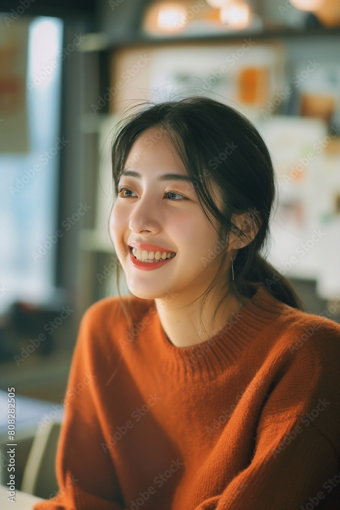 Beautiful Korean woman smiling, working in an office. generative AI Beautiful Korean woman smiling, working in an office. generative AI