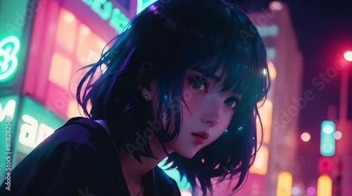 Intimate Close-Up of an Anime Girl with Vivid Color Contrasts in an Indoor Environment
 photo