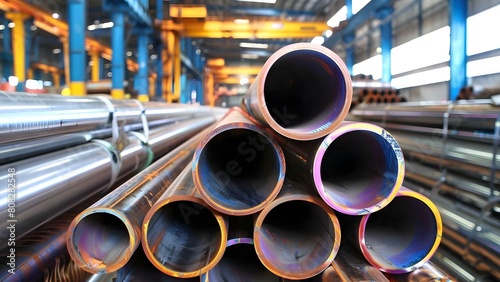Galvanized steel pipes stacked in warehouse along with aluminum and stainless steel. Concept Galvanized Steel Pipes, Warehouse Storage, Aluminum Materials, Stainless Steel Products © Anastasiia