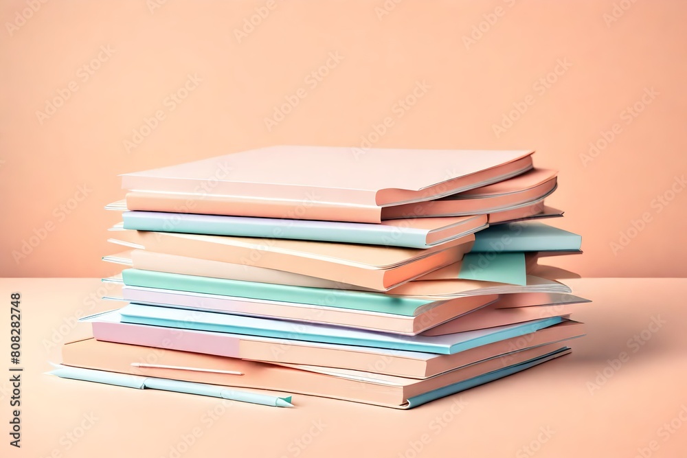 A stack of pastel-colored notebooks with blank pages on a soft, pastel peach background with a subtle gradient effect A stack of pastel-colored notebooks with blank pages on a soft, pastel peach background with a subtle gradient effect