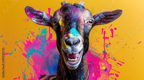  A close-up image of a painted goat against a vibrant yellow background featuring multicolored spots