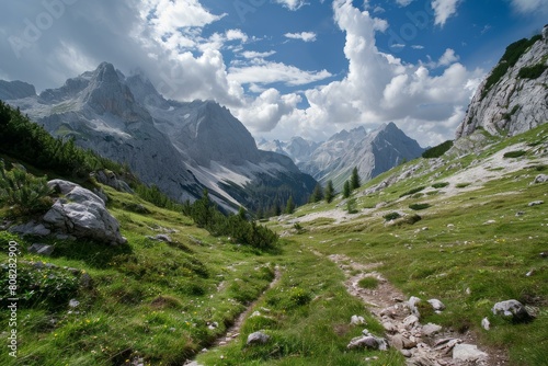 Verdant Alps landscape mountains valley. Sky tourism. Generate Ai