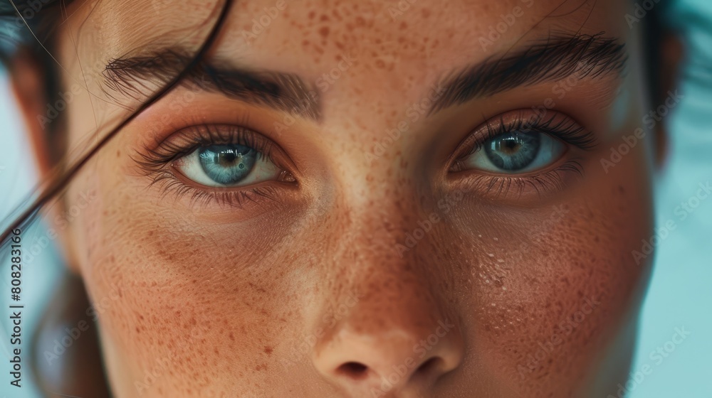 © mashimara - Close-up of a young woman with natural makeup and freckles, ideal for beauty, skincare, and wellness content.