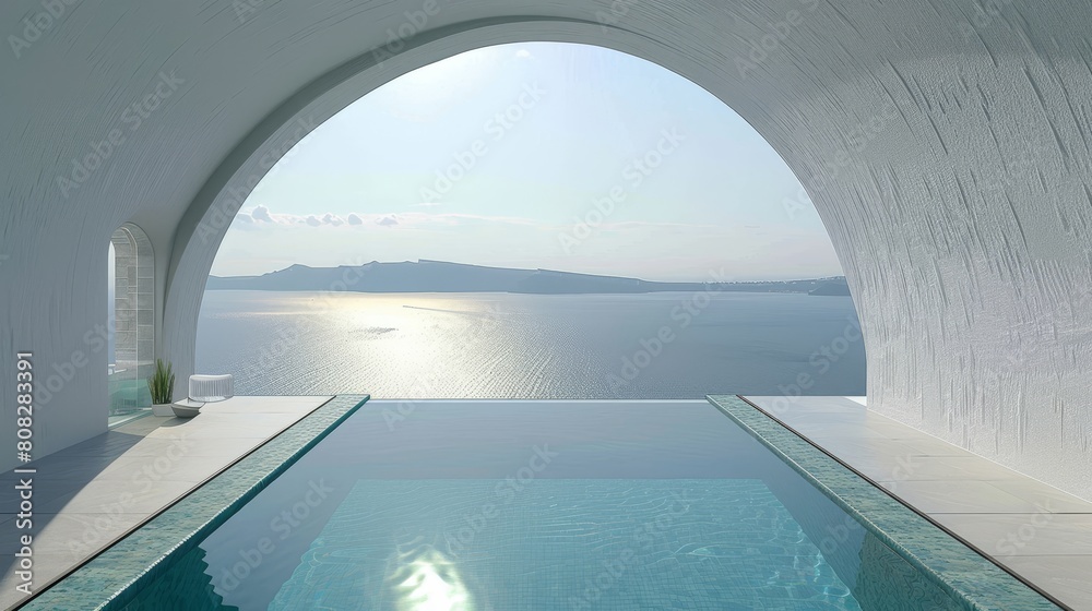 Seaside relaxation area with an infinity pool framed by an arch, ideal for resort and luxury living promotions.
