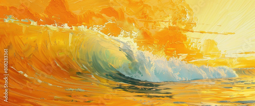 Waves of tangerine and lemon yellow crashing together, evoking the vivacity of a tropical sunrise over the ocean.