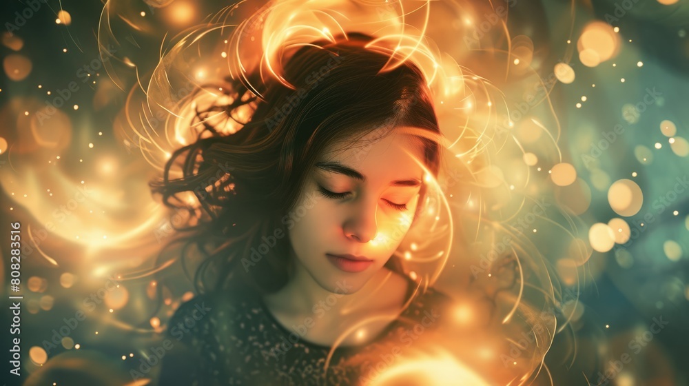 Portrait of beautiful female teenager face relaxing and sleeping surrounded with glowing aura while her hair blowing. Close up of attractive woman closing her eyes and absorbing power of light. AIG42.