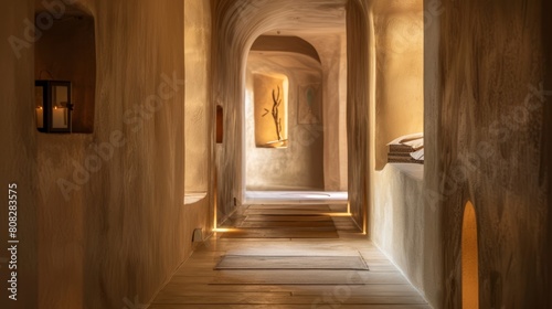 Sunlit hallway with tropical plants and golden hues  suitable for architectural design and wellness retreat publications.