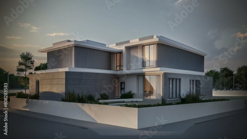 Modern luxury house exterior at dusk with illuminated windows and elegant design.
