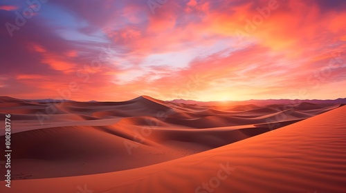 Sunset over sand dunes in the desert. 3d render © A