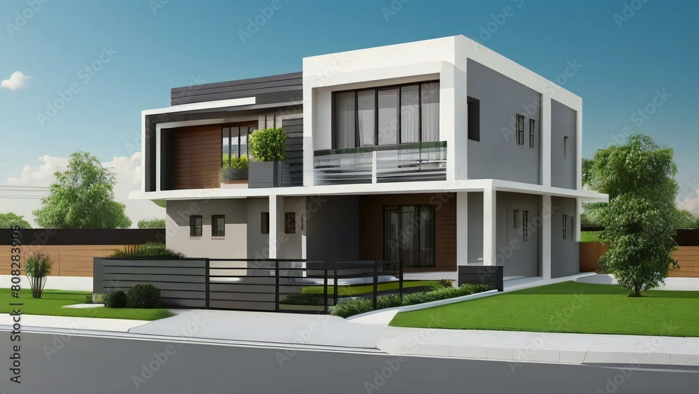 Modern two-story house with balcony and large windows, landscaped lawn, and clear sky.