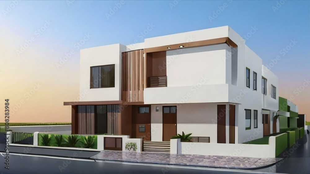 Modern two-story house with a flat roof, large windows, and a combination of white and brown exterior finishes.