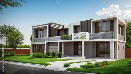 Modern two-story house with balconies and a lush lawn at dusk.