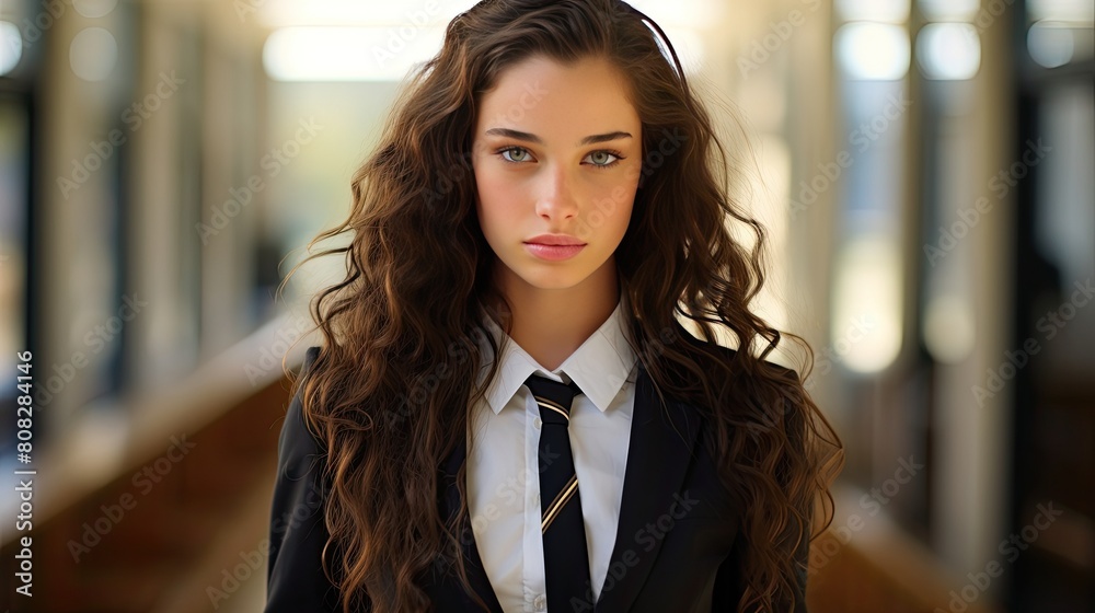 Fototapeta premium Portrait of a young beautiful woman with long wavy hair in suit. Business lady. Confident female entrepreneur. Close-up of the face against the backdrop of the office. Illustration for cover, ad, etc.