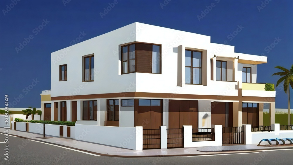 Modern two-story house with a flat roof, white walls, and brown accents, under a clear blue sky.