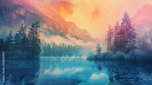 Creative colorful landscape of a serene lake, painted in retro color tones that echo the tranquility of a hidden oasis photo