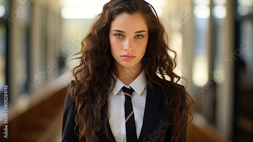 Portrait of a young beautiful woman with long wavy hair in suit. Business lady. Confident female entrepreneur. Close-up of the face against the backdrop of the office. Illustration for cover, ad, etc.