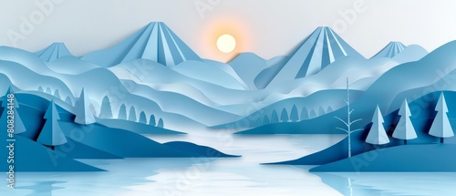 Creative paper art of a serene mountain landscape on International Mountain Day, designed to inspire awe and respect for nature, in paper art styles, illustration template